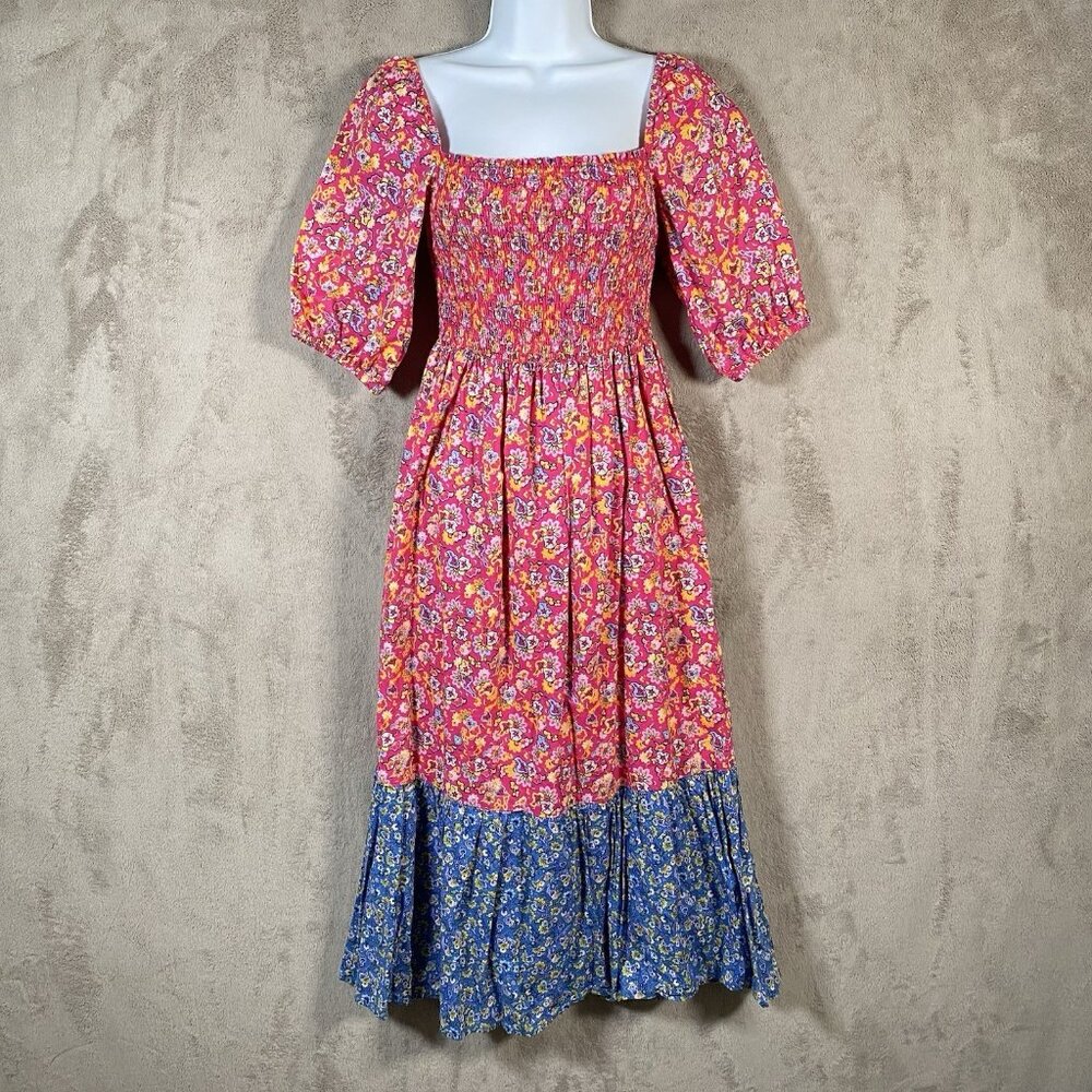 House of Harlow Floral Smocked Midi Dress XS Square Puff Sleeve Prairie Cottage - Picture 2 of 12